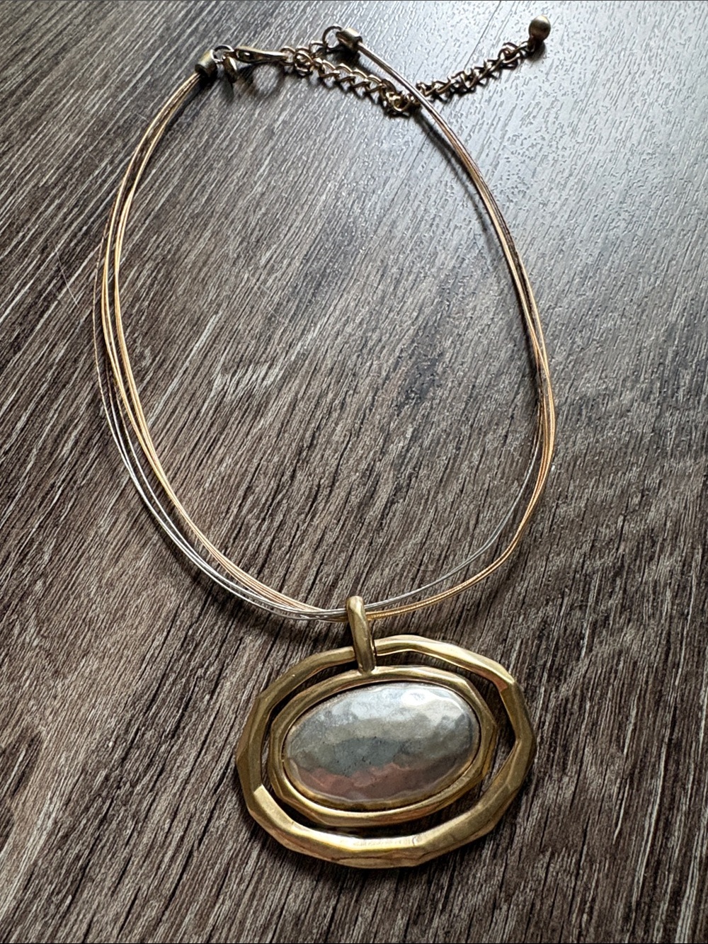 Chico's Two-Tone Gold and Silver Oval Hammered Pendant Necklace